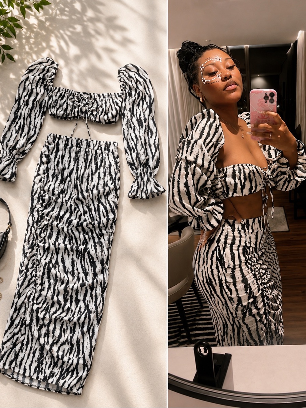PrettyLittleThing Black & White Zebra Print Midi Skirt Two-Piece Set